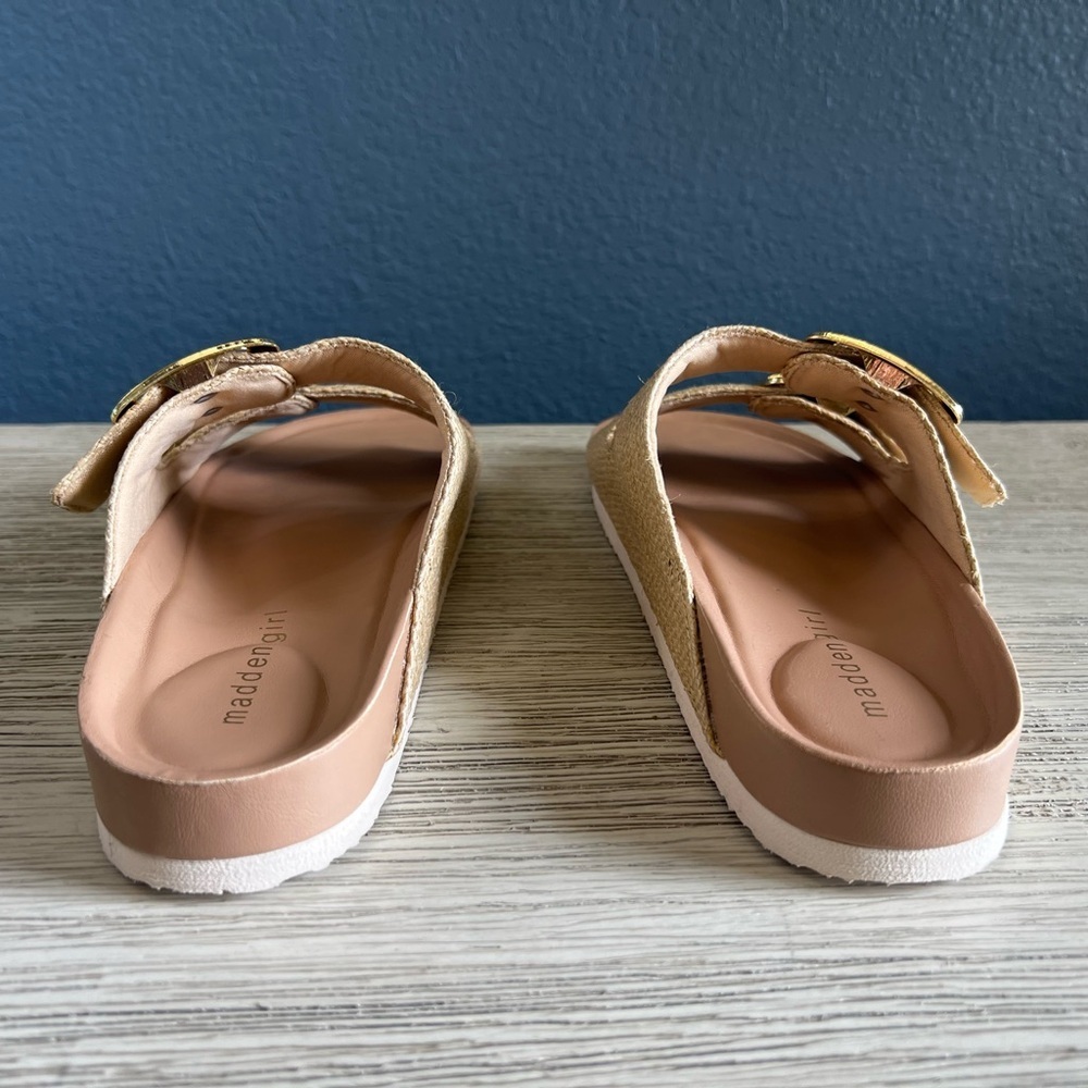 NWOT!!! Madden Girl Tan Slide Sandals with Gold Buckles - Picture 4 of 6
